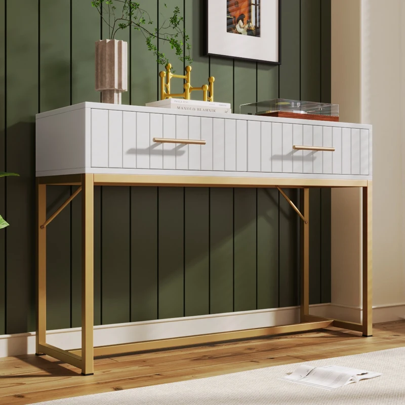 Mesa Consola Moderna con 2 Cajones y Detalles Dorados de Diseño Elegante y Funcional Blanco y Dorado