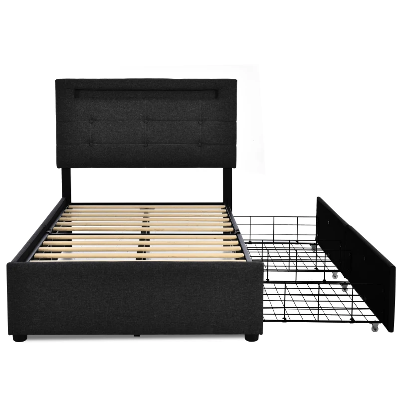 Letto Singolo Imbottito con Illuminazione LED e 2 Cassetti, Testiera Regolabile, Rete a Doghe in Legno, Nero