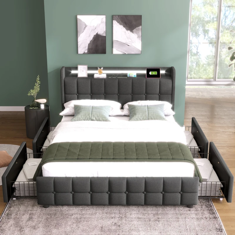 Letto Matrimoniale con Testiera USB, Illuminazione LED, e 4 Cassetti, Struttura in Legno, 160x200 cm, Grigio