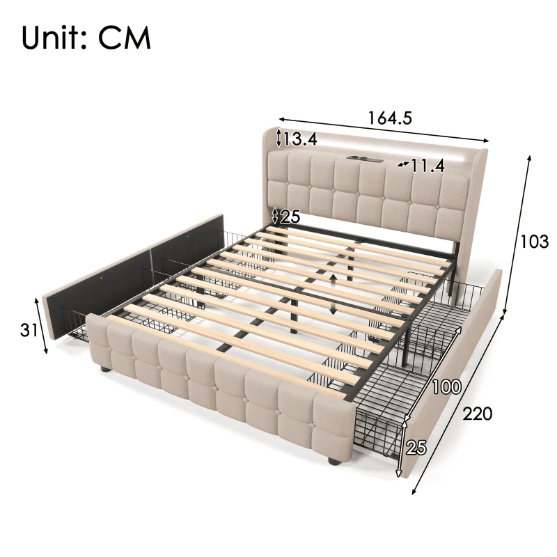 Letto Matrimoniale con Testiera USB e LED, 4 Cassetti, Struttura in Legno, Testata Letto Matrimoniale Imbottita, Testiera Letto Matrimoniale, Beige