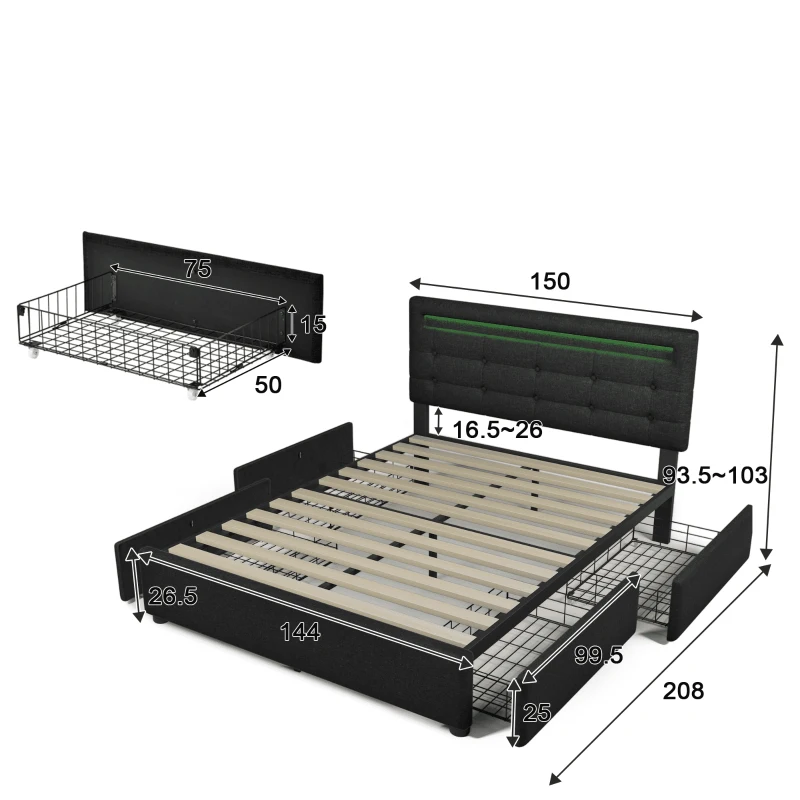 Letto Matrimoniale Imbottito con Illuminazione LED e 4 Cassetti, Testiera Regolabile, Rete a Doghe in Legno, Inclusa Materasso - Testata Letto Matrimoniale Imbottita, Nero
