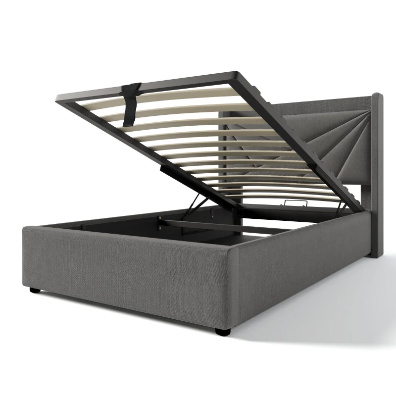 Letto Singolo Contenitore con Funzione di Ricarica USB Tipo C, Struttura in Lino, Testiera Integrata, Senza Materasso 90x200, Grigio