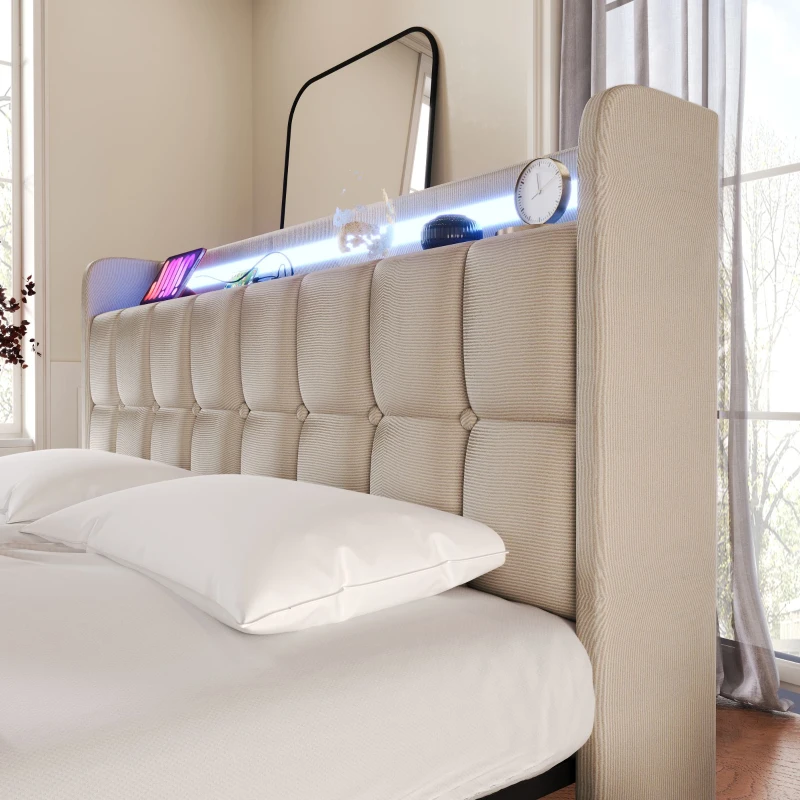 Letto Matrimoniale con Illuminazione LED, Testiera con Porte USB e Prese Elettriche, e 4 Cassetti, Struttura in Legno, Testata Letto Matrimoniale Imbottita, Beige