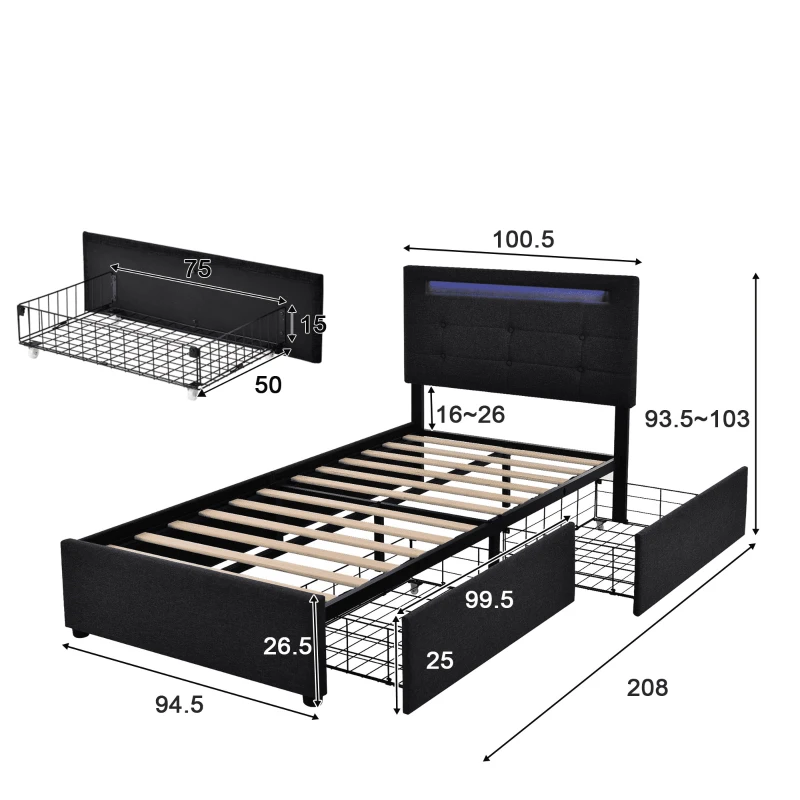 Letto Singolo Imbottito con Illuminazione LED e 2 Cassetti, Testiera Regolabile, Rete a Doghe in Legno, Nero