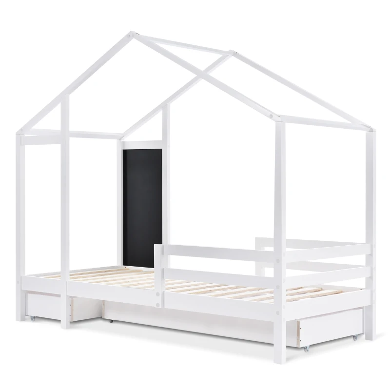 Letto per Cameretta, 6+ Anni con Lavagna e Recinzione, 2 Cassetti, Struttura in Pino 90x200 cm, Bianco