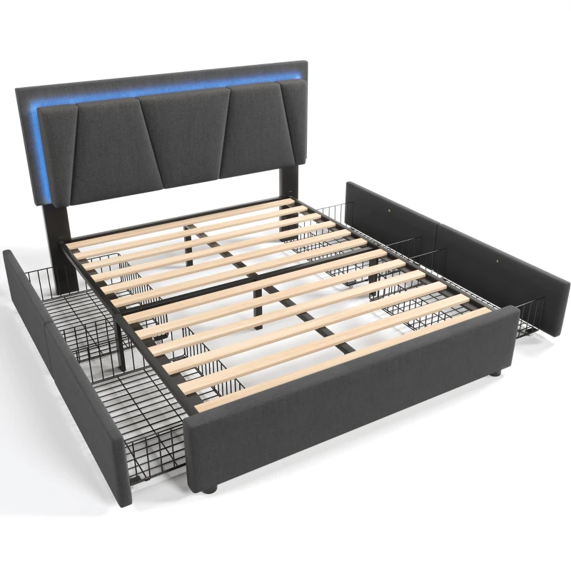 Letto Matrimoniale con Contenitore, Testata Letto Matrimoniale, Struttura Letto Matrimoniale, LED e 4 Cassetti, Testiera Regolabile, Struttura in Legno (Senza Materasso), Grigio