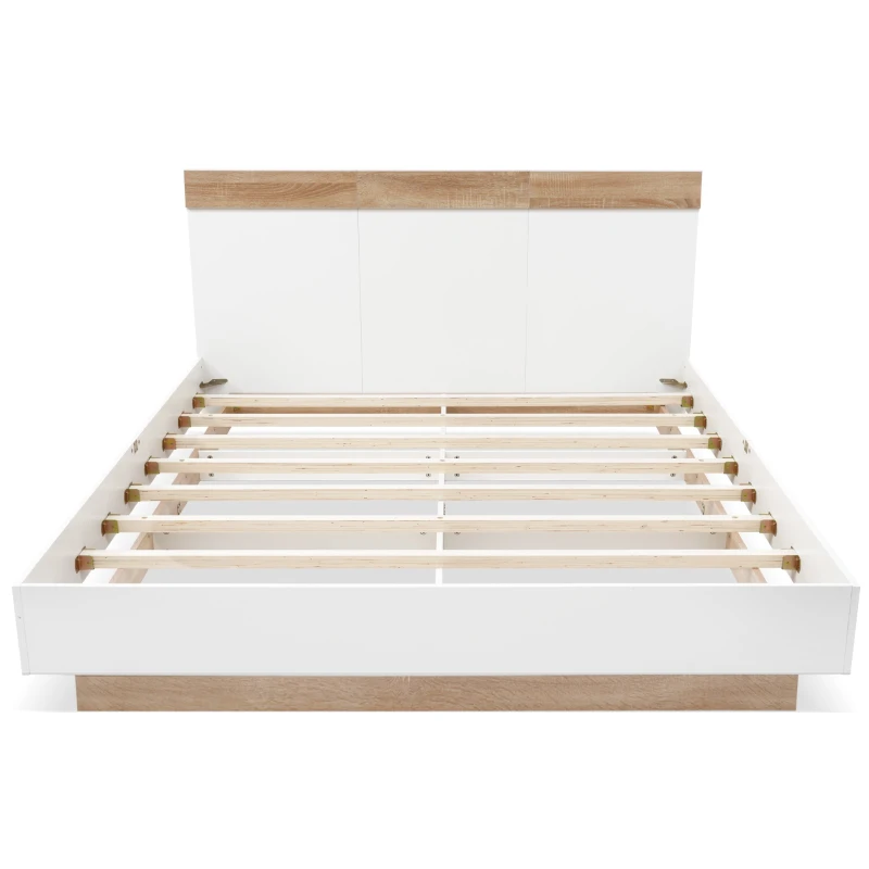Letto Matrimoniale Moderno con Testiera, Rete a Doghe e Contenitore, Design Fluttuante in Legno, Bianco+Rovere