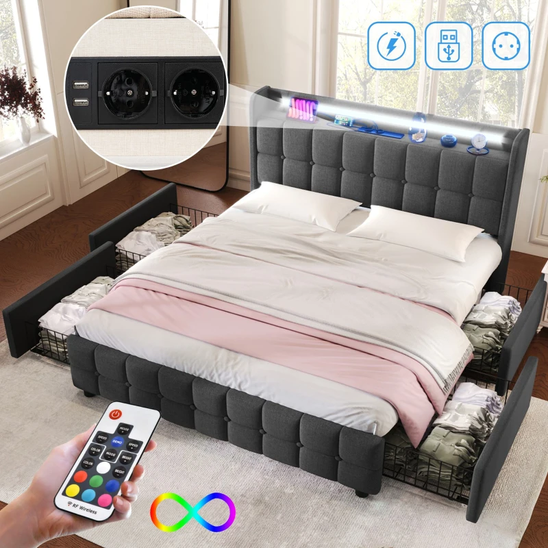 Letto Matrimoniale con Testiera USB, Illuminazione LED, e 4 Cassetti, Struttura in Legno, 160x200 cm, Grigio