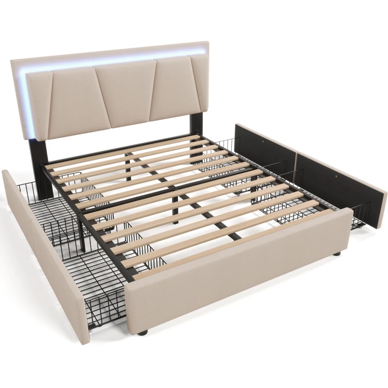 Letto Matrimoniale con LED e 4 Cassetti, Testiera Regolabile in Altezza, Testata Letto Matrimoniale Imbottita, Struttura Letto Matrimoniale in Legno (Senza Materasso), Beige