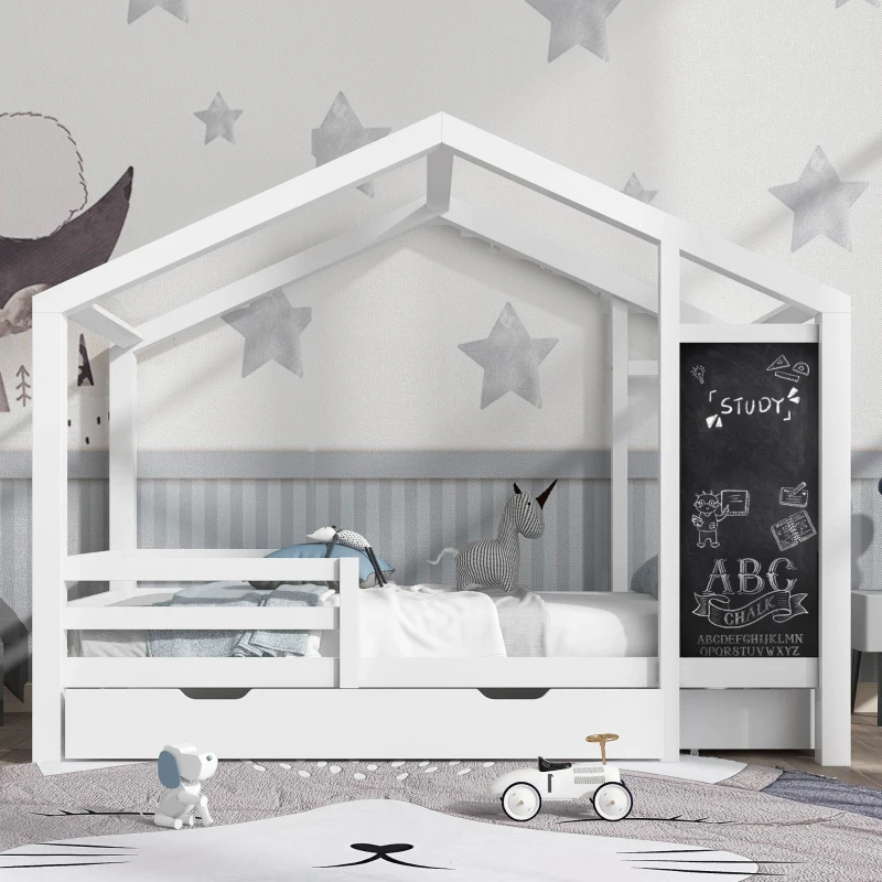 Letto per Cameretta, 6+ Anni con Lavagna e Recinzione, 2 Cassetti, Struttura in Pino 90x200 cm, Bianco