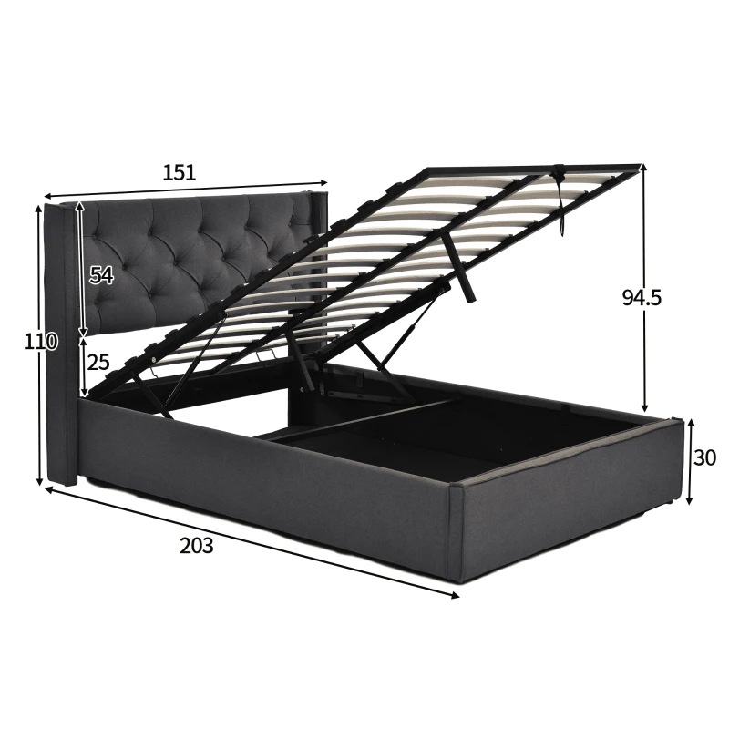 Letto Matrimoniale Idraulico Imbottito 140x200 cm con Rete a Doghe in Metallo, Struttura Moderna con Contenitore, Tessuto in Cotone (Con Materasso Incluso) - Letto Matrimoniale con Contenitore, Testata Imbottita, Grigio