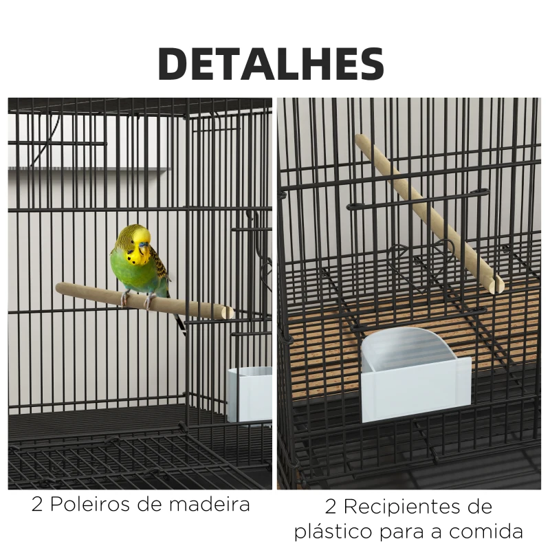 PawHut Gaiola para Pássaros 77x46x45 cm Gaiola de Metal para Pássaros com Bandeja Amovível 2 Poleiros e 2 Comedouros Preto
