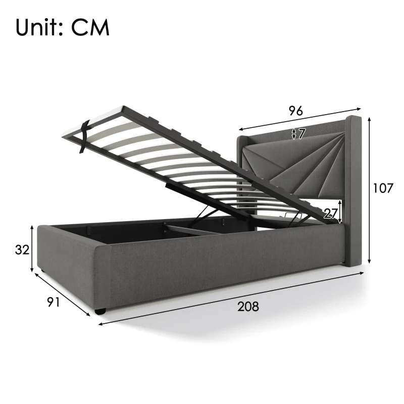 Letto Singolo Contenitore con Funzione di Ricarica USB Tipo C, Struttura in Lino, Testiera Integrata, Senza Materasso 90x200, Grigio