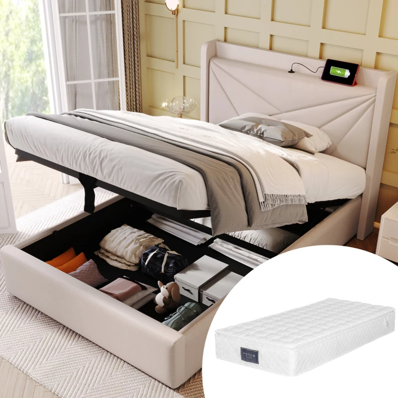 Letto Singolo Contenitore con Funzione di Ricarica USB Tipo C, Testiera Integrata, Struttura in Lino - 90x200 cm, Beige