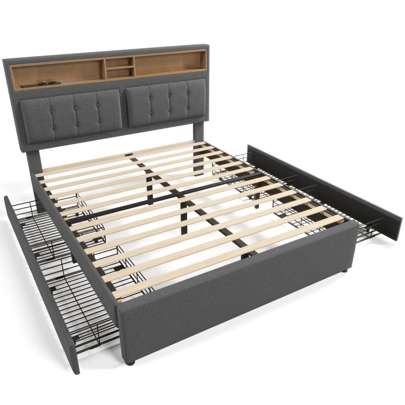 Letto Matrimoniale Imbottito con Contenitore, Testata Letto Matrimoniale Imbottita, 4 Cassetti e Stazione di Ricarica USB-C, Testiera Regolabile, Rete in Legno 160x200 cm, Grigio
