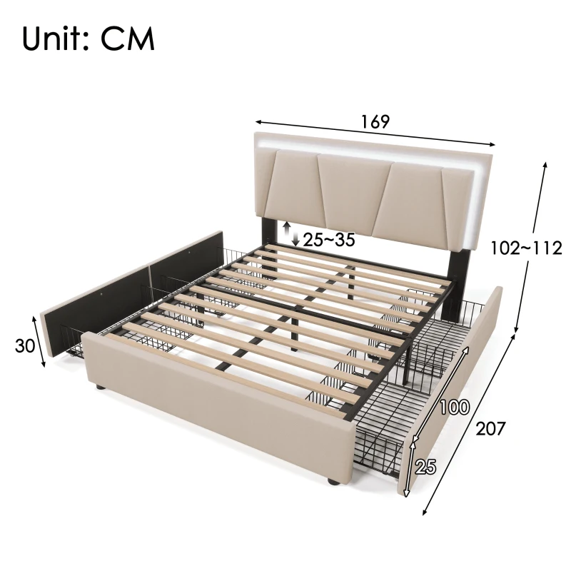 Letto Matrimoniale con LED e 4 Cassetti, Testiera Regolabile in Altezza, Testata Letto Matrimoniale Imbottita, Struttura Letto Matrimoniale in Legno (Senza Materasso), Beige