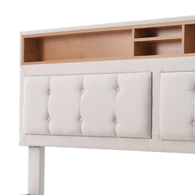 Letto Matrimoniale Imbottito con Contenitore, Testata Letto Matrimoniale Imbottita, 4 Cassetti e Stazione di Ricarica USB-C, Testiera Regolabile, Rete in Legno 160x200 cm, Beige