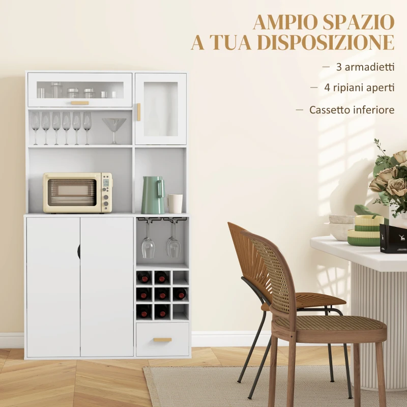 HOMCOM Mobile Dispensa con Portabottiglie, Armadietti, Ripiani e Cassetto, in Truciolato e Legno, 100x38x172 cm, Bianco