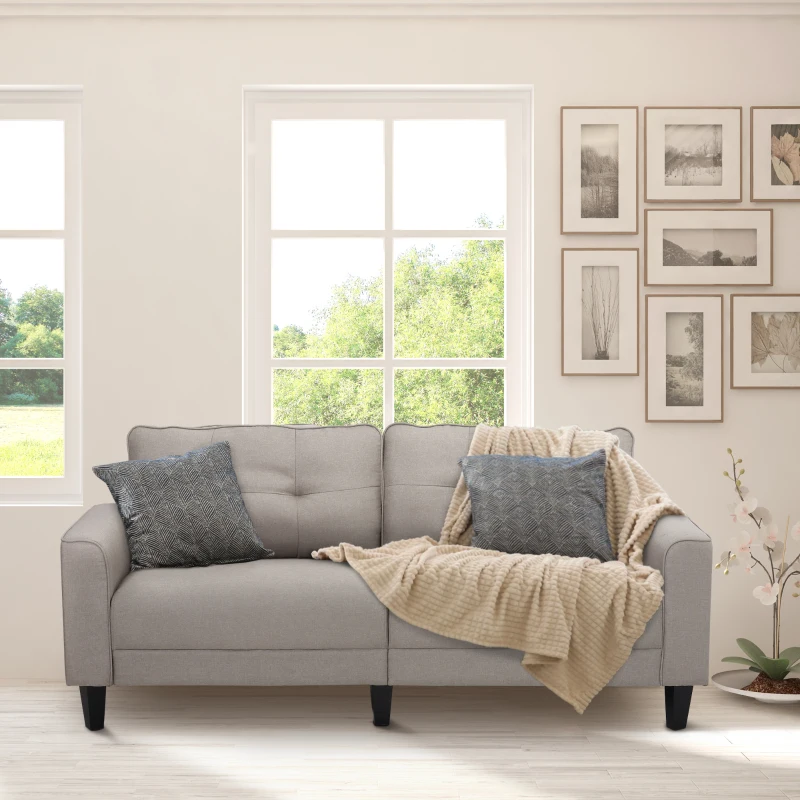 HOMCOM Canapea 2 Locuri cu Tapiterie din Material textil cu efect de In, Canapea Moderna Tapitata cu 6 Picioare din Lemn si Cotiere - Bej