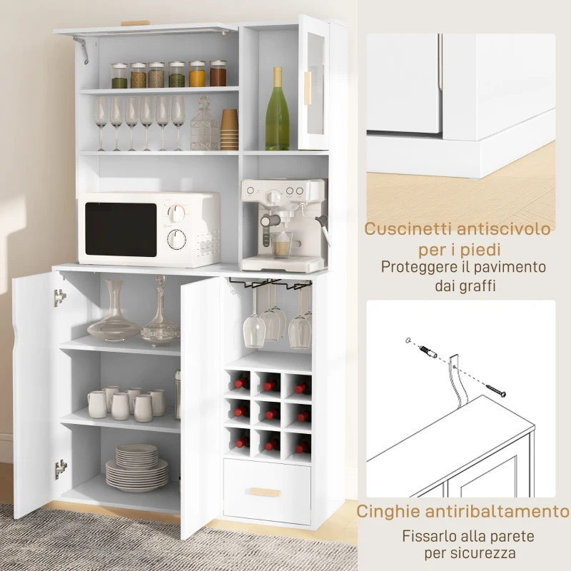 HOMCOM Mobile Dispensa con Portabottiglie, Armadietti, Ripiani e Cassetto, in Truciolato e Legno, 100x38x172 cm, Bianco