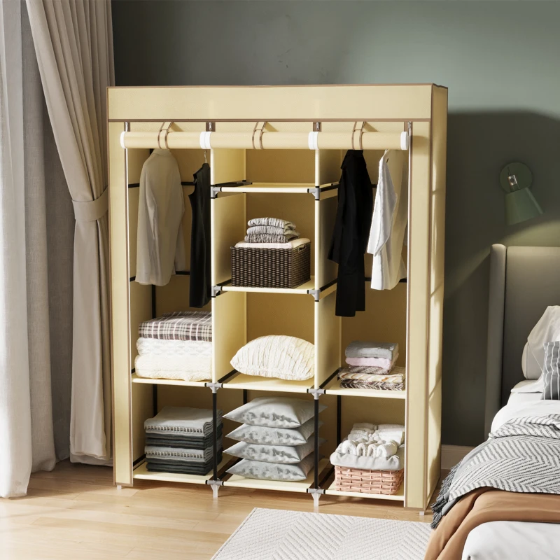 HOMCOM Dulap din stofa cu 8 rafturi si 2 bare, dulap portabil cu usa rulanta, 125x43x162,5 cm, bej