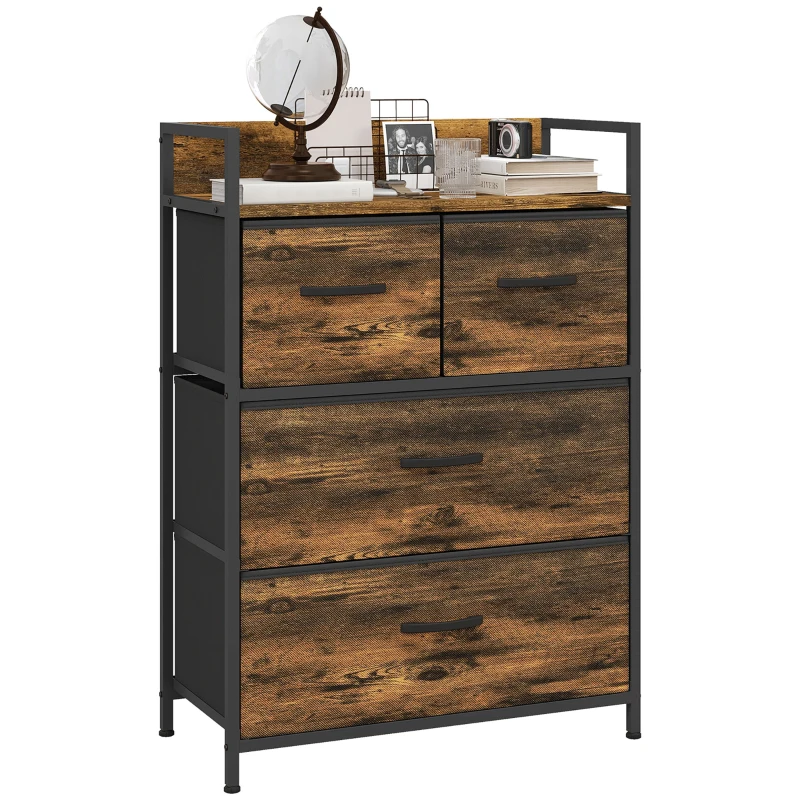 HOMCOM Ladekast, Dressoir, 4 Stoffen Laden, Industrieel Ontwerp, 60x29x85cm, Bruin/Zwart(m-10)