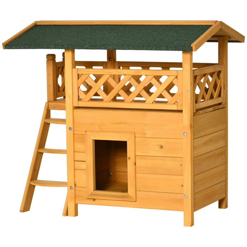 PawHut Caseta para Gatos de Madera 77x50x73 cm Casa para Gatos con 2 Niveles con Techo Asfáltico Terraza Vallada Cueva y Escalera para Interior y Exterior Natural