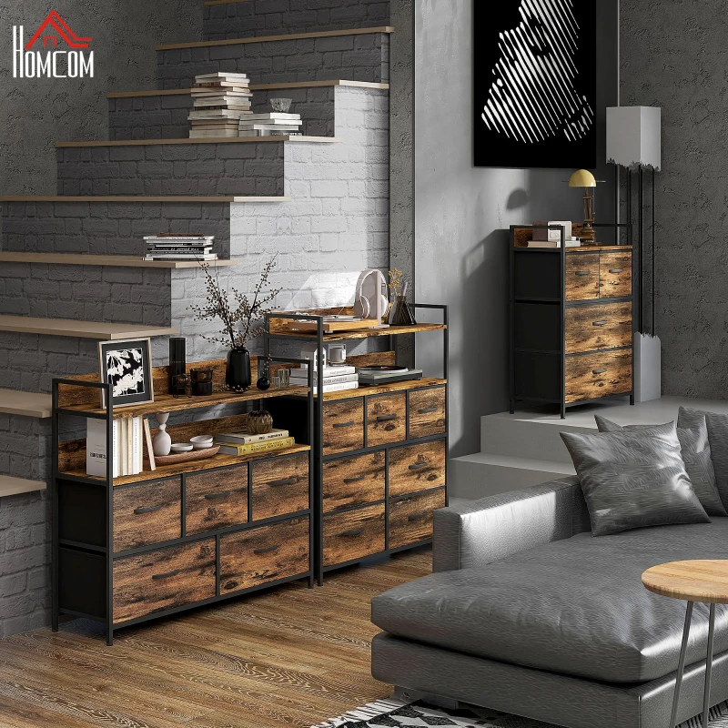 HOMCOM Ladekast, Dressoir, 4 Stoffen Laden, Industrieel Ontwerp, 60x29x85cm, Bruin/Zwart(m-2)