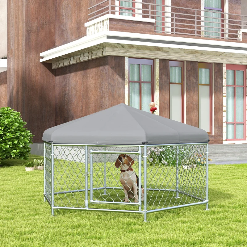 PawHut Recinto per Cani Taglia Media con Tetto in Tessuto Oxford Anti UV, 2.1x1.85x1.2m, Argento e Grigio