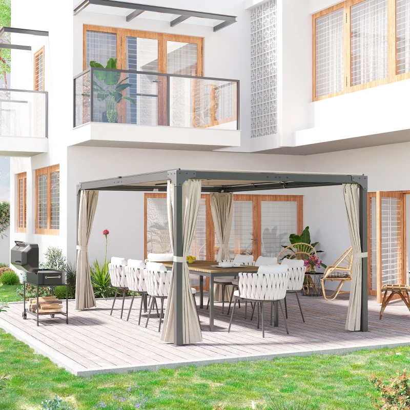 Outsunny Pergola z Pawilonem, 4 Zasłony, 1 Ruchomy Dach, Ochrona Przed Słońcem, Beżowy