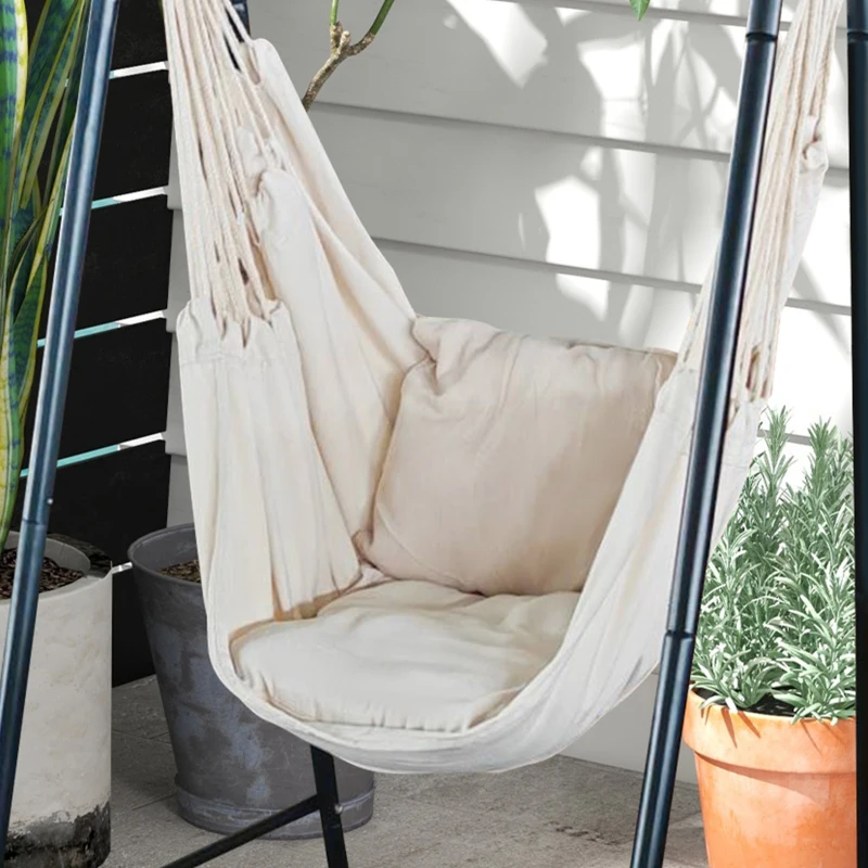 Outsunny Chaise hamac de jardin avec support, chaise suspendue avec coussin, accoudoir, crochets, blanc crème