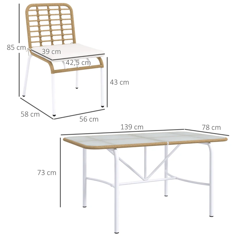 Outsunny Conjunto de Refeição de Vime Sintético Jogo de 7 Peças Inclui 6 Cadeiras Empilháveis com Almofadas e Mesa de Vidro Natural