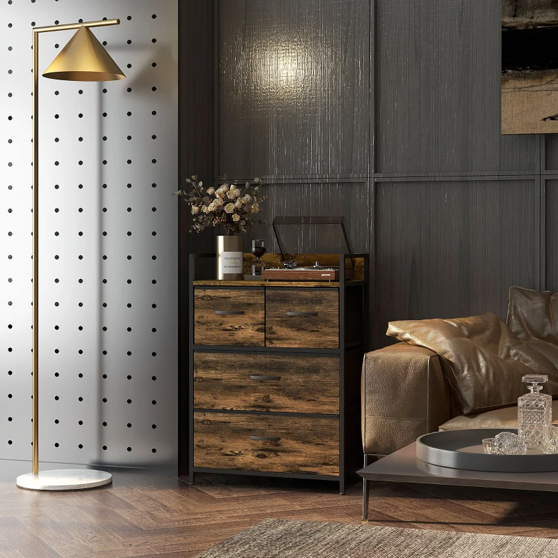 HOMCOM Ladekast, Dressoir, 4 Stoffen Laden, Industrieel Ontwerp, 60x29x85cm, Bruin/Zwart(m-9)