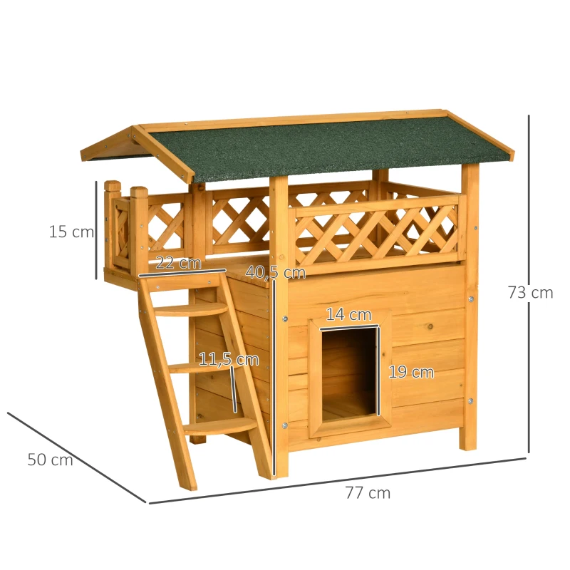 PawHut Caseta para Gatos de Madera 77x50x73 cm Casa para Gatos con 2 Niveles con Techo Asfáltico Terraza Vallada Cueva y Escalera para Interior y Exterior Natural