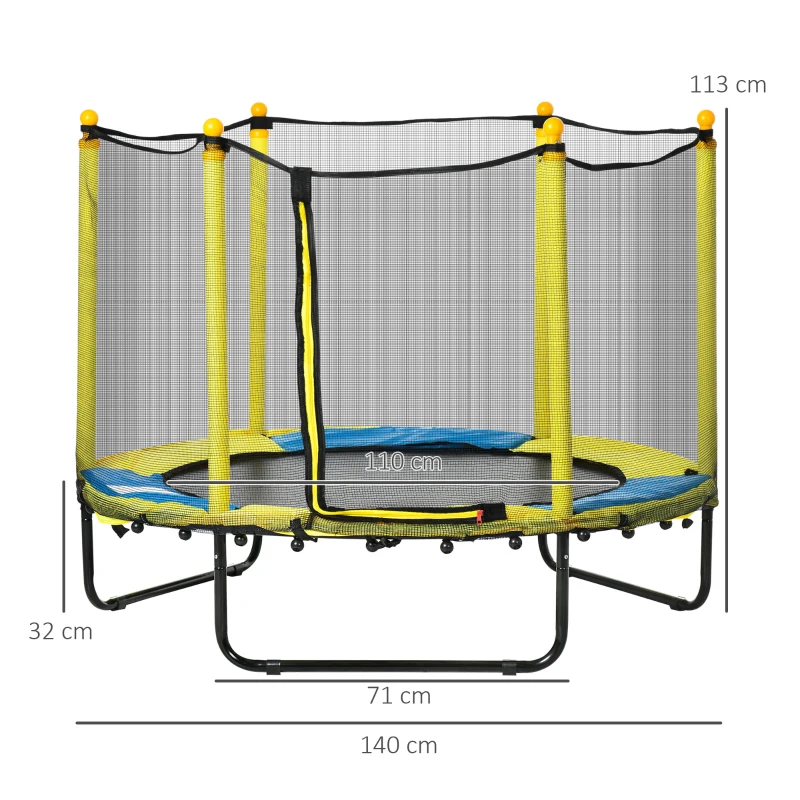 HOMCOM 4.6FT Kids Trampoline, with Safety Net, for Kids 3-10 Years - Yellow