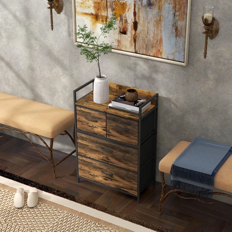 HOMCOM Ladekast, Dressoir, 4 Stoffen Laden, Industrieel Ontwerp, 60x29x85cm, Bruin/Zwart(m-8)