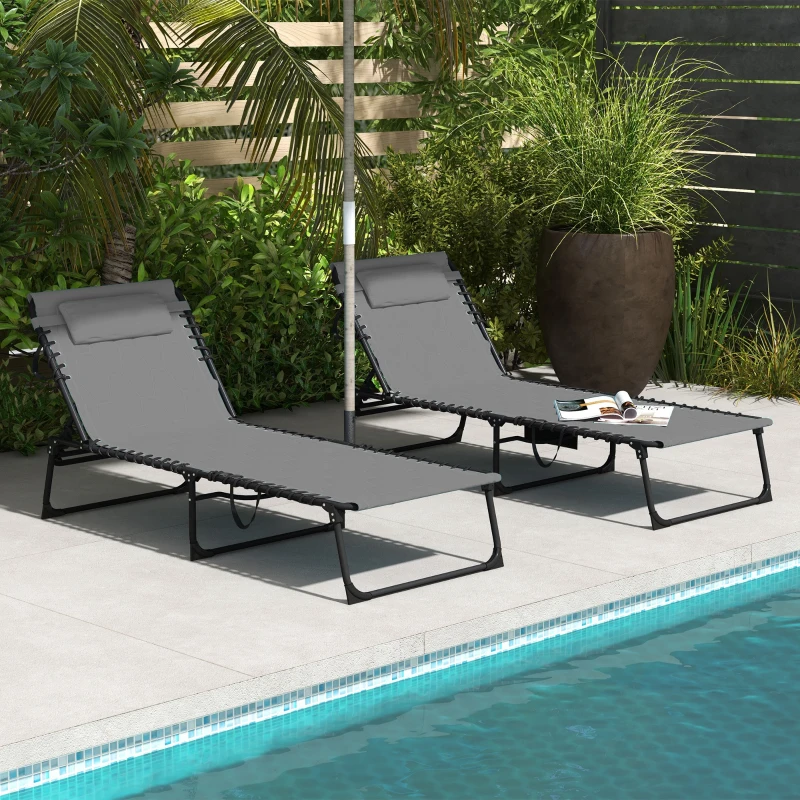 Outsunny Set of Two Sun Loungers, with Five-Position Reclining Backs - Grey