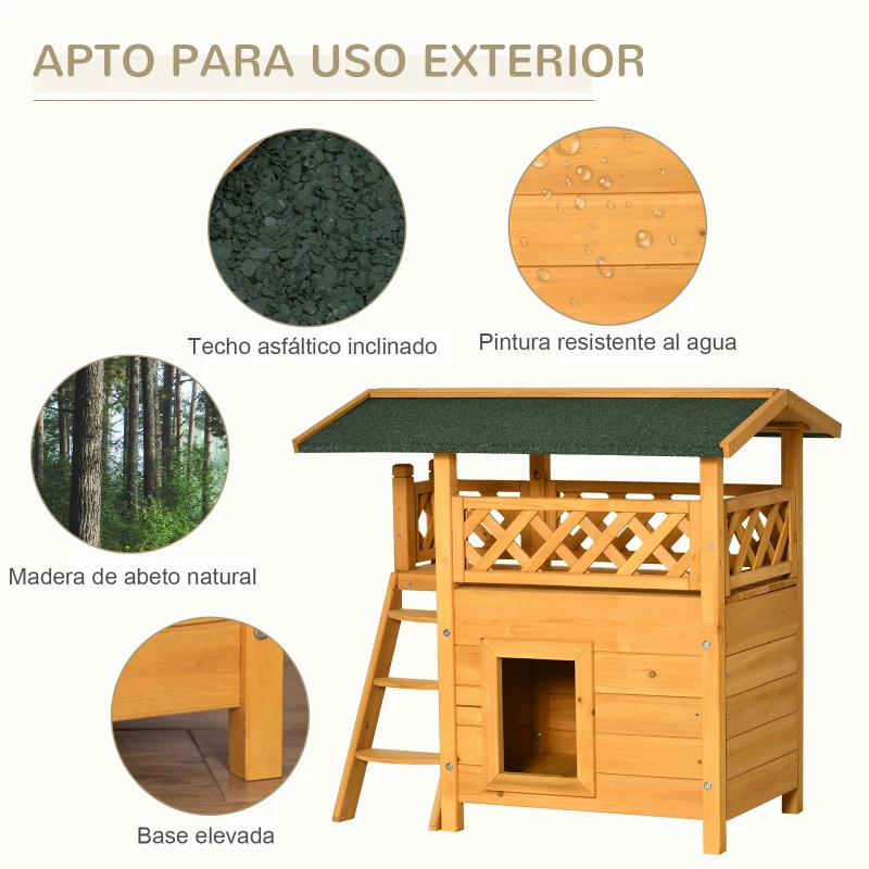 PawHut Caseta para Gatos de Madera 77x50x73 cm Casa para Gatos con 2 Niveles con Techo Asfáltico Terraza Vallada Cueva y Escalera para Interior y Exterior Natural