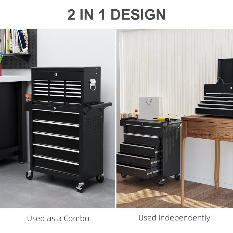 HOMCOM 19 Drawer, Two-Part Tool Storage Chest on Wheels - Black(m-5)
