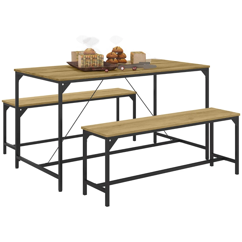 HOMCOM Zestaw jadalniany, Stół & 2 Ławki, Design Industrialny, Rama Stalowa, Dekor Drewniany/Czarny