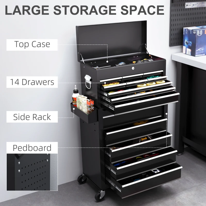 HOMCOM 19 Drawer, Two-Part Tool Storage Chest on Wheels - Black(m-4)