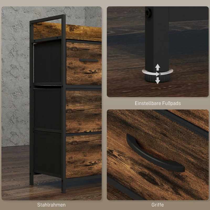 HOMCOM Ladekast, Dressoir, 4 Stoffen Laden, Industrieel Ontwerp, 60x29x85cm, Bruin/Zwart(m-7)