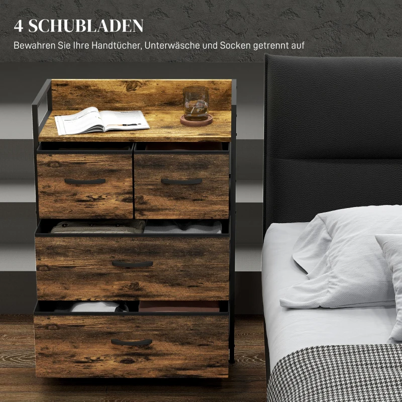 HOMCOM Ladekast, Dressoir, 4 Stoffen Laden, Industrieel Ontwerp, 60x29x85cm, Bruin/Zwart(m-4)