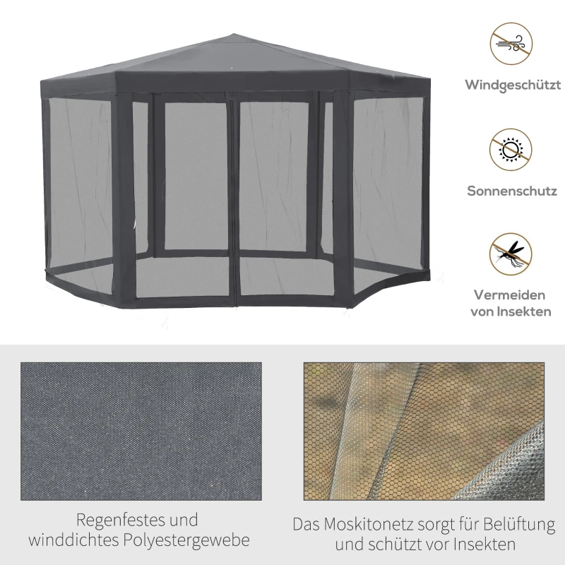 Outsunny Pavillon Gartenpavillon mit Moskitonetz Partyzelt Gartenzelt Festzelt Zelt 6-eckig Polyester+Metall Grau 394x394x250cm