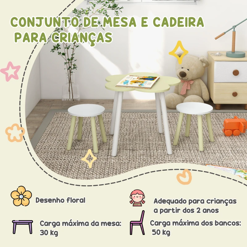 ZONEKIZ Conjunto de Mesa e 2 Cadeira para Crianças de 2-5 Anos Mesa Ø59x50 cm e Cadeiras Ø28x26 cm Verde Pastel e Branco
