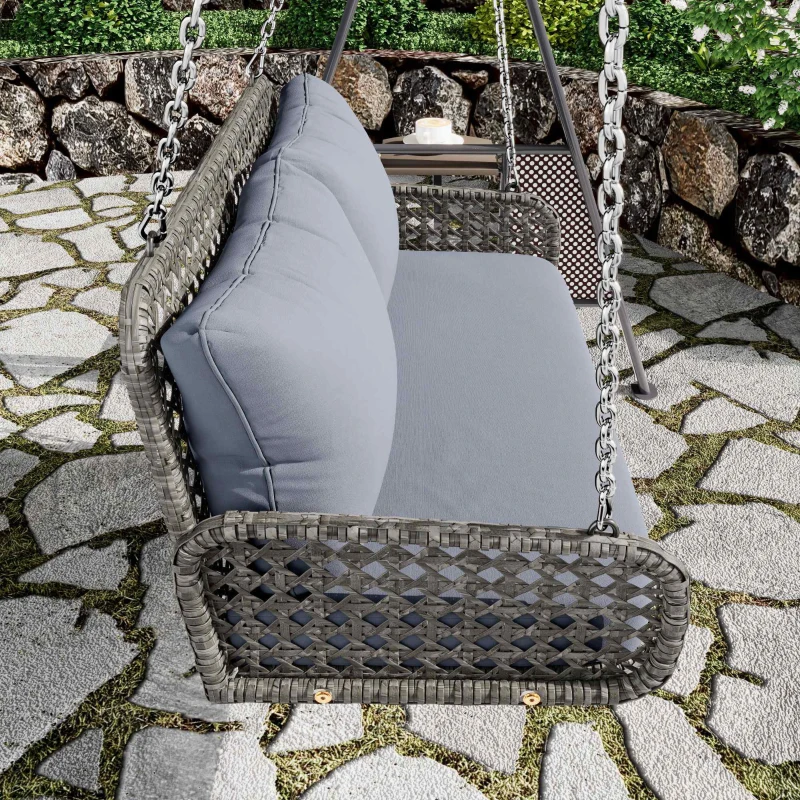 Dondolo Doppio in PE-Rattan da Giardino con Cuscini Lavabili e 2 Catene, Portata 320 kg, Grigio