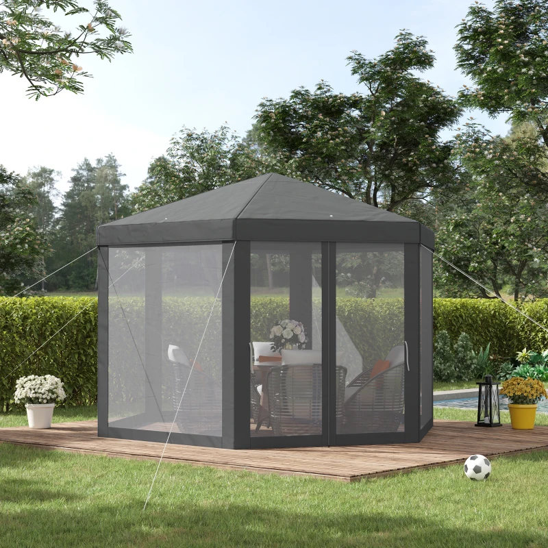 Outsunny Pavillon Gartenpavillon mit Moskitonetz Partyzelt Gartenzelt Festzelt Zelt 6-eckig Polyester+Metall Grau 394x394x250cm