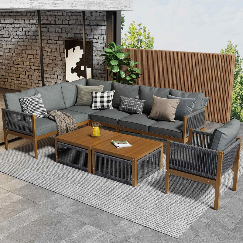 Set Lounge da Giardino per 7-8 Persone con Divano, Tavoli e Cuscini, Rivestimento Lavabile, Design in Corda, Legno Naturale e Grigio