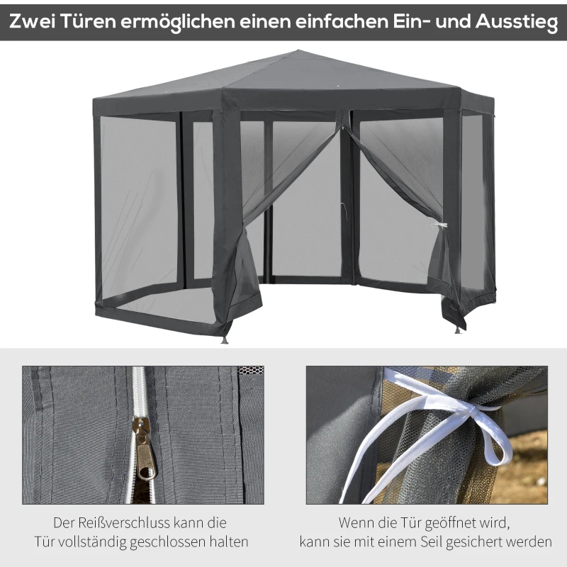 Outsunny Pavillon Gartenpavillon mit Moskitonetz Partyzelt Gartenzelt Festzelt Zelt 6-eckig Polyester+Metall Grau 394x394x250cm