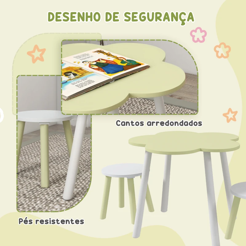 ZONEKIZ Conjunto de Mesa e 2 Cadeira para Crianças de 2-5 Anos Mesa Ø59x50 cm e Cadeiras Ø28x26 cm Verde Pastel e Branco